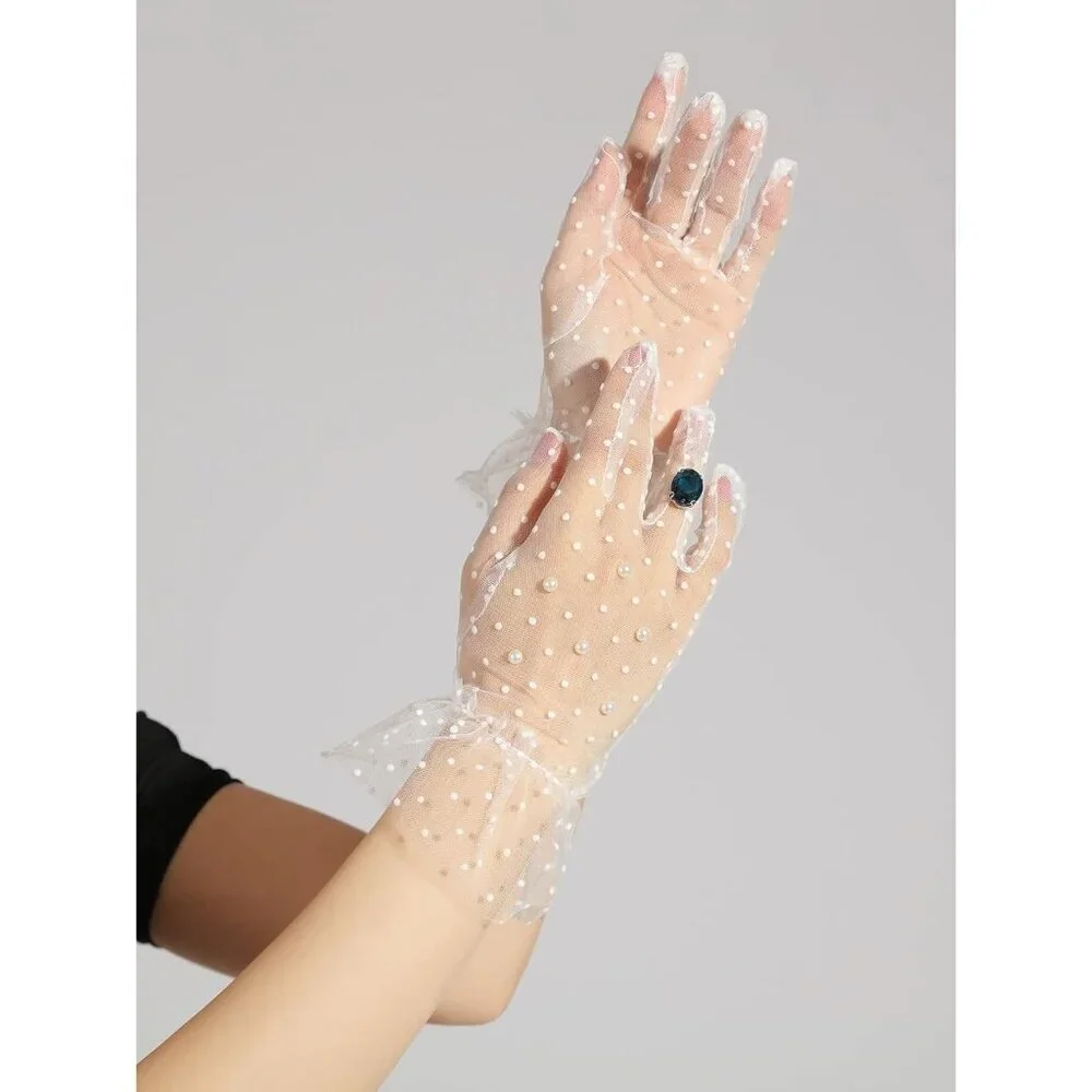 Women's Ruffle Polka Dots Pearls Mesh Sheer Trim Bridal Party Tea Gloves Design